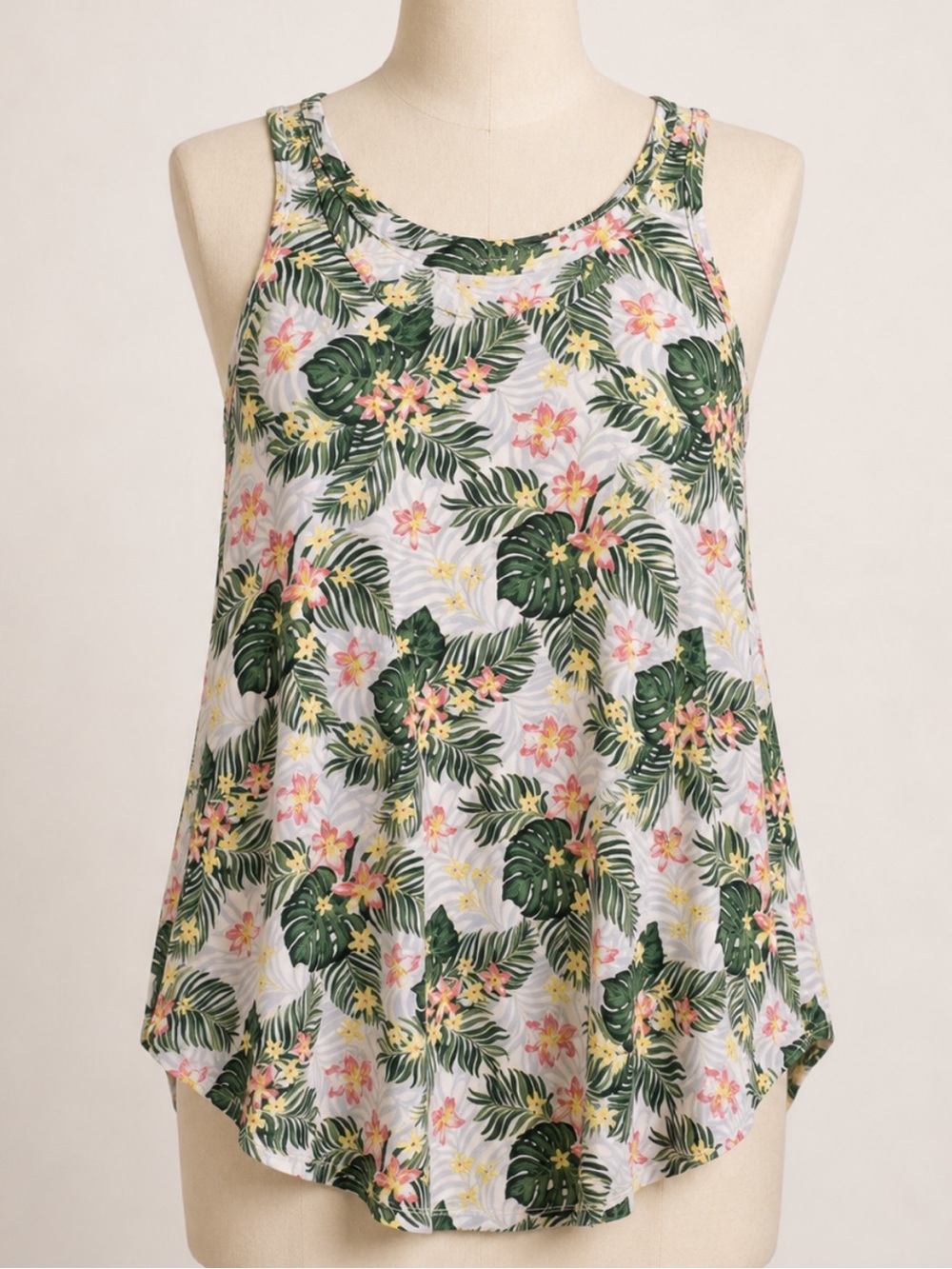 Size S Tommy Bahama White Tank Top with Green Palm & Pink Floral Print